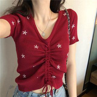 Floral Embroidered Drawstring Short-sleeve Top