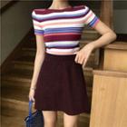Striped Short-sleeve Knit Top / A-line Mini Skirt