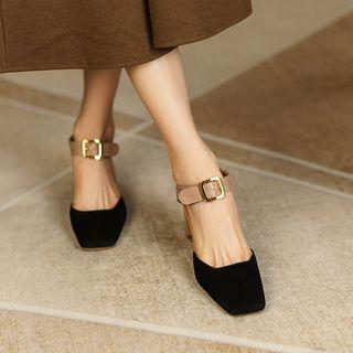 Chunky Heel Paneled Buckled Pumps