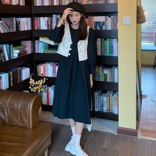 Long-sleeve Midi Shift Dress / Crochet Knit Vest