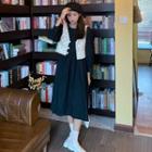 Long-sleeve Midi Shift Dress / Crochet Knit Vest