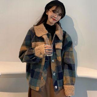 Fleece Panel Plaid Coat As Shown In Figure - One Size