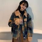 Fleece Panel Plaid Coat As Shown In Figure - One Size