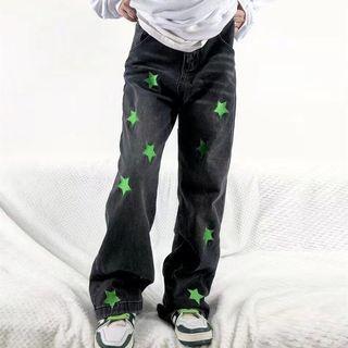 High-waist Star Embroidered Straight-cut Jeans