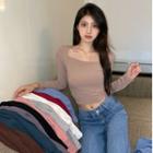 Plain Square-neck Skinny Long-sleeve Top
