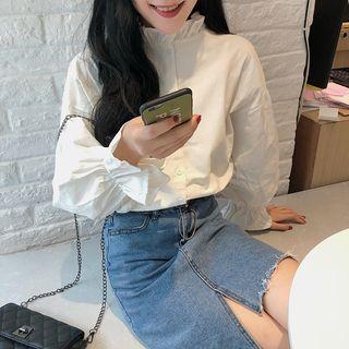 Puff-sleeve Frill Trim Buttoned Blouse