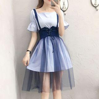 Set: Frill Trim Short-sleeve Dress + Tulle Suspender Skirt