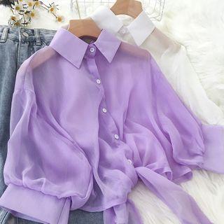 Tie-waist Plain Short-sleeve Chiffon Blouse
