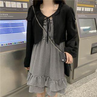 Spaghetti Strap Ruffle Trim Houndstooth Mini Dress / Long-sleeve Tie-strap Cropped Cardigan
