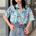 Short-sleeve Print Loose-fit Shirt Sky Blue - One Size