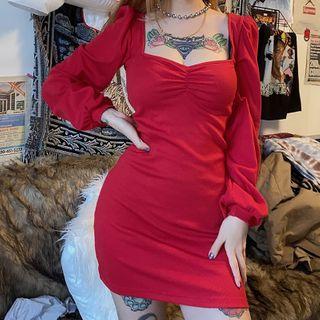 Square Neck Frilled Lantern-sleeve Mini Dress