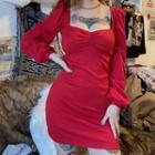 Square Neck Frilled Lantern-sleeve Mini Dress
