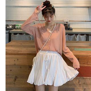 Plain V-neck Cardigan / Drawstring Mini A-line Skirt