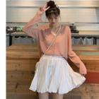 Plain V-neck Cardigan / Drawstring Mini A-line Skirt