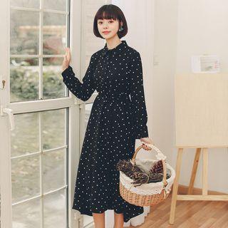 Long-sleeve Dotted Mini A-line Collared Dress Black - One Size
