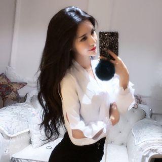 Cutout Sleeve Tie-neck Blouse