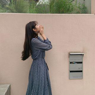 Accordion-pleat Maxi Floral Dress