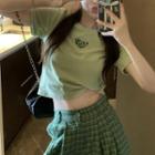 Short-sleeve Heart Embroidered T-shirt / Plaid High Waist Wide Leg Pants