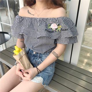 Off-shoulder Flower Embroidered Short-sleeve Check Blouse
