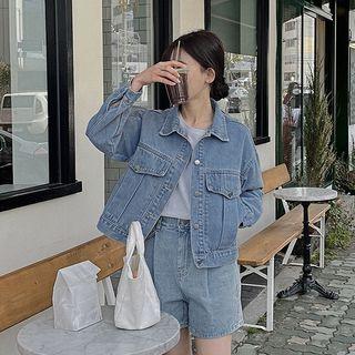 Metallic-button Denim Trucker Jacket Blue - One Size