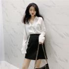 Plain Blouse / Faux-leather A-line Skirt