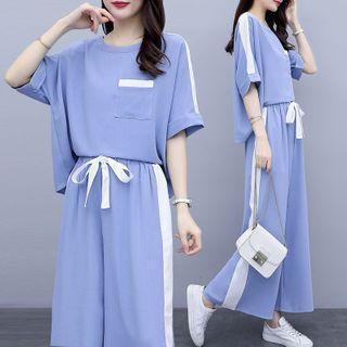 Set: Short-sleeve Paneled T-shirt + Wide Leg Pants
