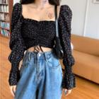 Long-sleeve Floral Drawstring Cropped Blouse Black - One Size