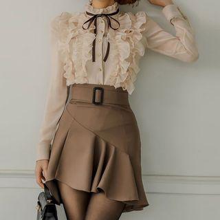 Set: Long-sleeve Ruffle Blouse + Mini Mermaid Skirt
