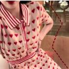 Set:heart Printed Short-sleeve Top + Skirt Red - One Size