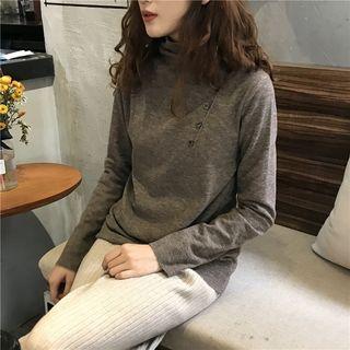 Turtleneck Long-sleeve Plain T-shirt
