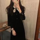 Long-sleeve Bow-neck Midi A-line Dress Black - One Size