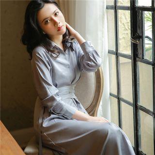 Long-sleeve Tie-waist Midi A-line Shirt Dress