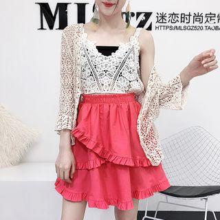 Crochet Lace Camisole Top / Cardigan / Frill Trim A-line Skirt
