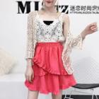 Crochet Lace Camisole Top / Cardigan / Frill Trim A-line Skirt