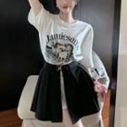 Short-sleeve Lettering T-shirt / Front-slit Mini A-line Skirt