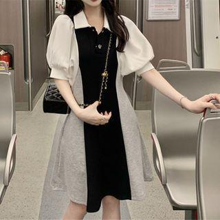 Puff-sleeve Collar Color Block A-line Dress