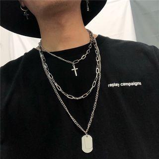 Set: Cross Pendant Layered Necklace Set Of 3 - One Size