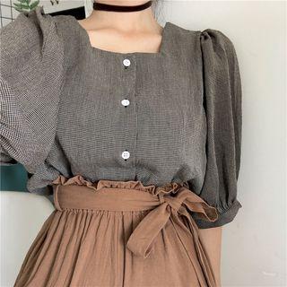 Short-sleeve Plaid Shirt / High Waist Wide-leg Shorts