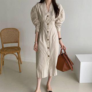 Puff-sleeve Single Breasted Shirt Dress
