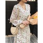 Balloon-sleeve Buttoned Long Floral Dress