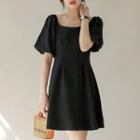 Puff-sleeve Faux Pearl Trim A-line Dress