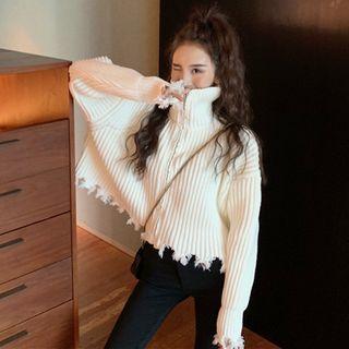 Turtleneck Distressed Long-sleeve Pullover