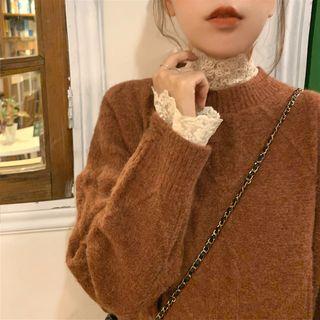 Lace Mock-neck Long-sleeve Top / Loose-fit Sweater