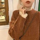 Lace Mock-neck Long-sleeve Top / Loose-fit Sweater