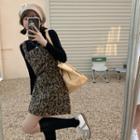 Plain Turtle-neck Long-sleeve Knit Top / Leopard Jumper Dress