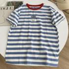 Short-sleeve Lettering Striped T-shirt Stripes - Blue & White - One Size