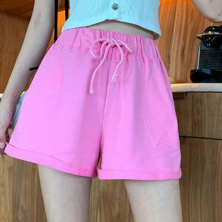 Band-waist Drawstring Plain Loose Fit Shorts