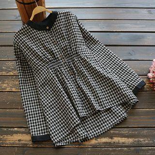 Plaid Band Collar Shirt Plaid - Black - One Size