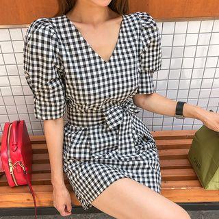 Tie-waist Gingham Mini Sheath Dress