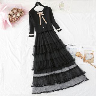 Long-sleeve Ribbed Knit Panel Midi Mesh Dress